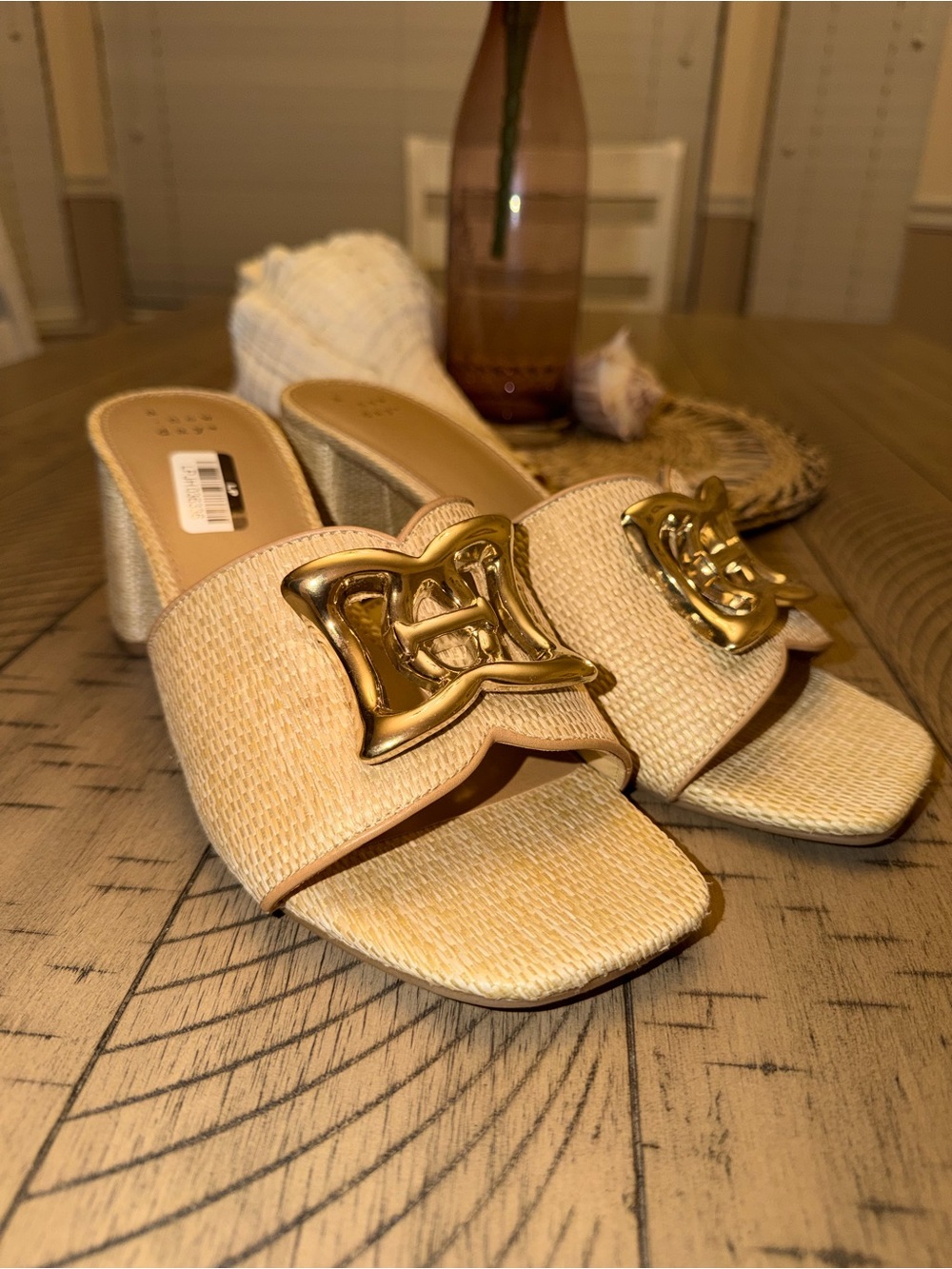 a new day Beige Raffia Slide Heels with Gold Emblem